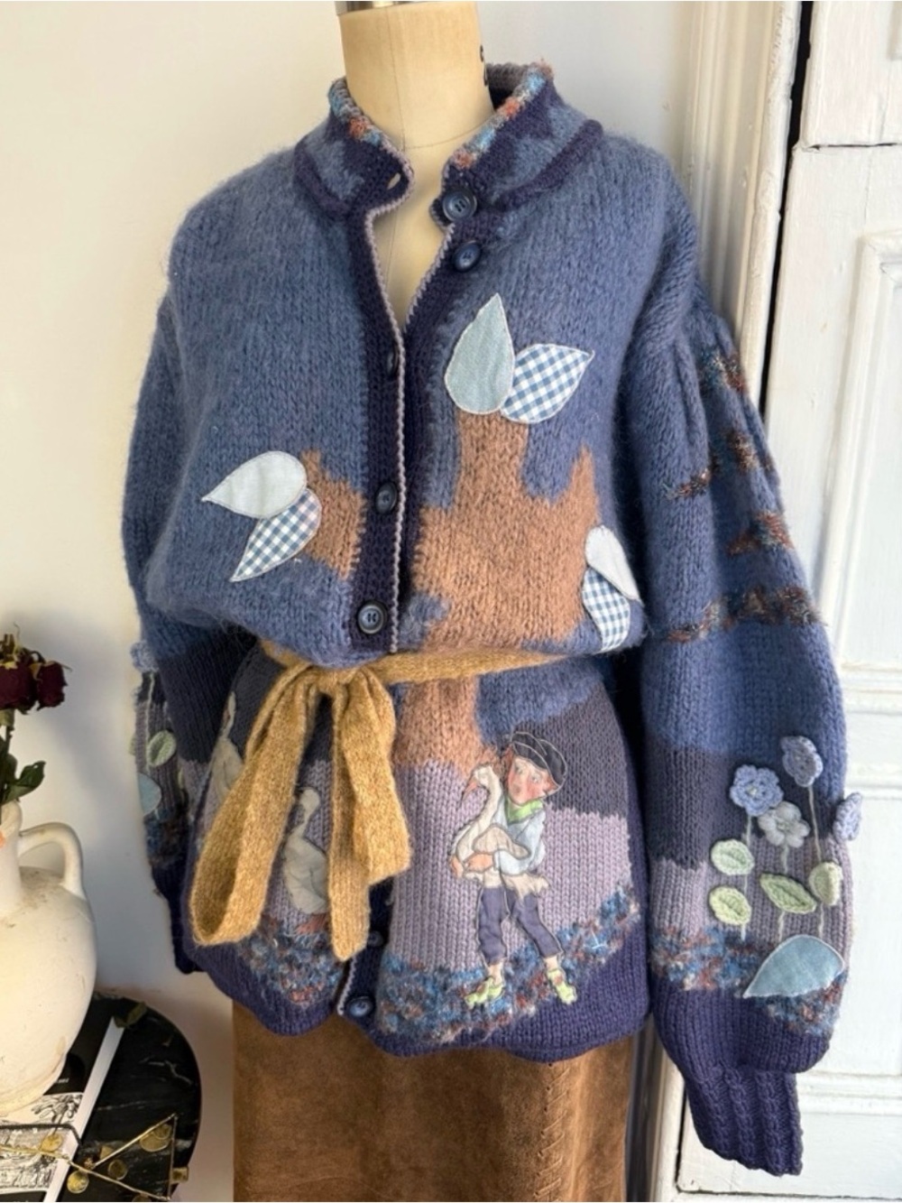Hand Knit Wool Mohair Cardigan Artisan Storybook Appliqué Sweater Oversized